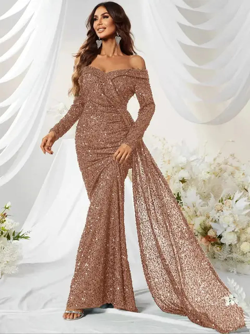 Giffniseti Women'S off Shoulder Draped Side Sequin Graduation Prom Dress Party Dress 2024-Gennys fashion