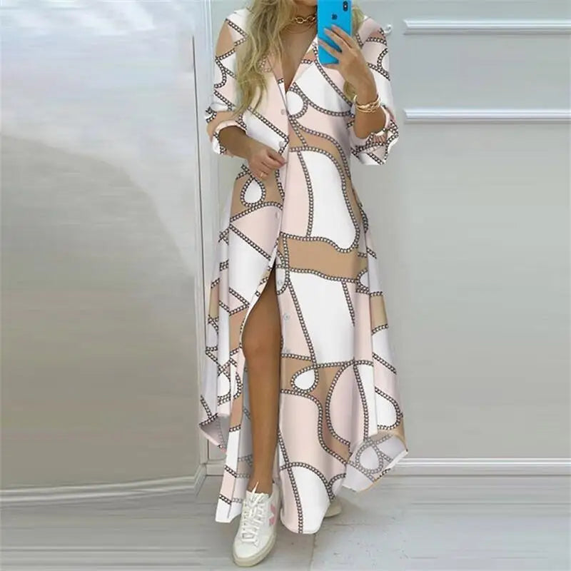 2024 Summer Women Boho Printed Long Shirts Elegant Dress Turn-Down Collar Long Sleeve Female Casual Evening Maxi Dresses Party D-Gennys fashion