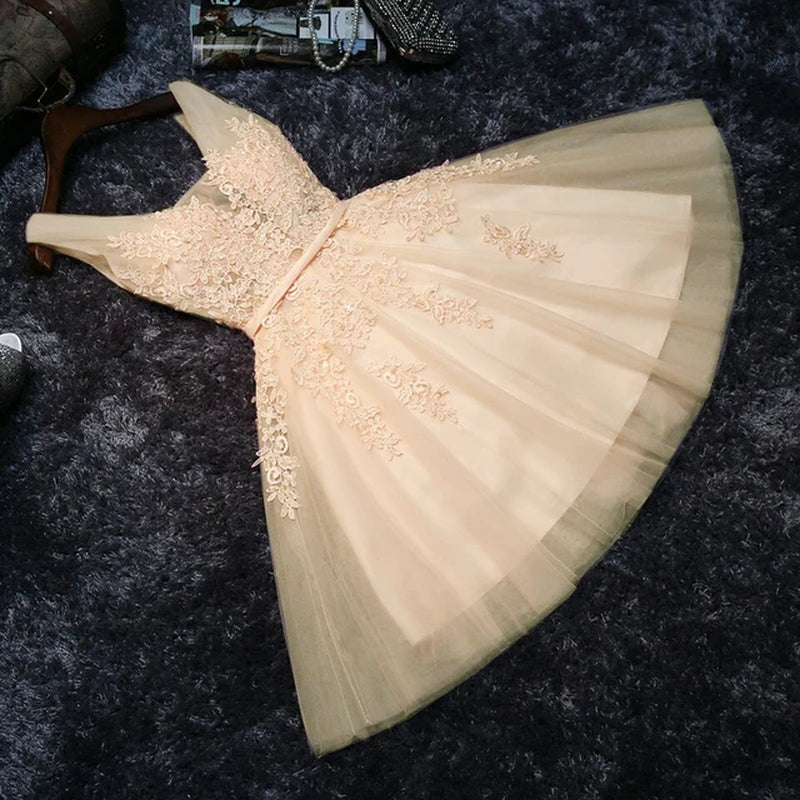 S0125 Prom Dress Short Pink Bridesmaid Dresses Beadings Sexy Neck Lace up Pearls Wedding Party Graduation Gowns-Gennys fashion