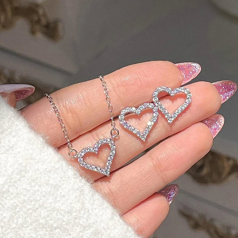 Crystal Angel Wings Heart Pendant Necklaces Set Ladies Girl Simple Y2K Pink White Zircon Love Elegant Necklace Women Jewelry Set-Gennys fashion