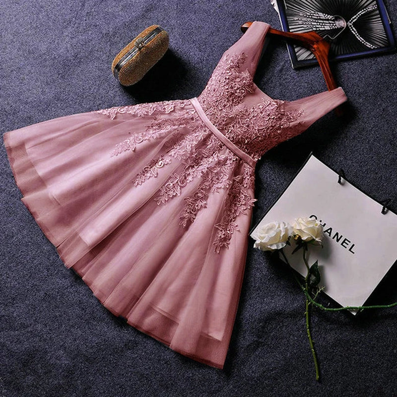 S0125 Prom Dress Short Pink Bridesmaid Dresses Beadings Sexy Neck Lace up Pearls Wedding Party Graduation Gowns-Gennys fashion