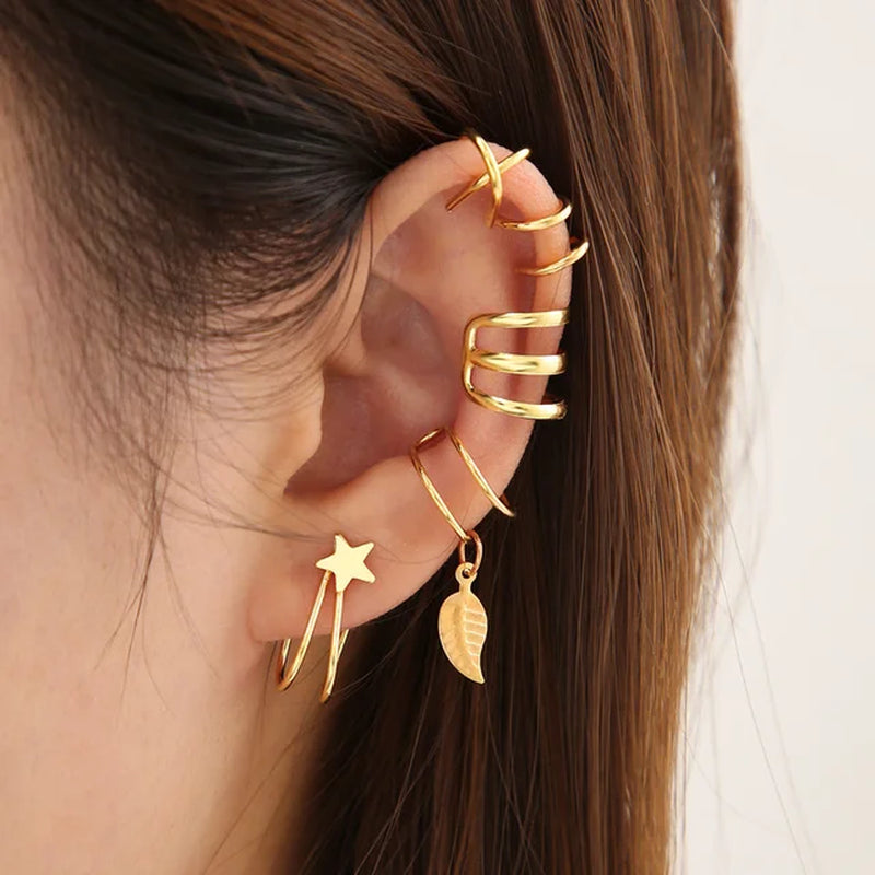 Gold Silver Color Leaves Clip Earrings for Women Creative Simple C Butterfly Ear Cuff Non-Piercing Ear Clip Set Trendy Jewelry-Gennys fashion