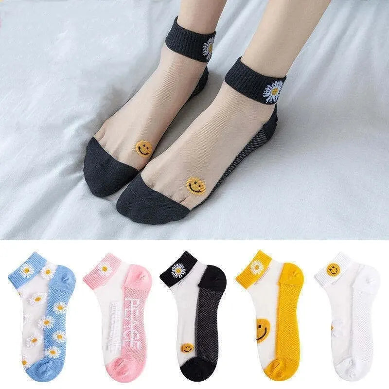 5 Pairs/Set Lovely Daisy Ultra-Thin Glass Silk Breathable Short Women Socks Suit in Spring Summer-Gennys fashion