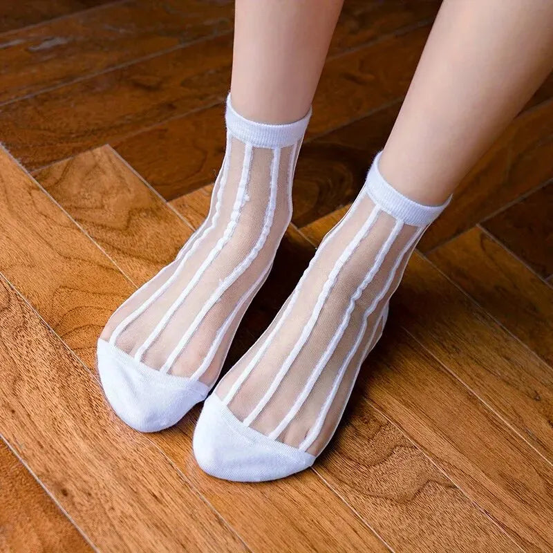 4Pairs Transparent Glass Silk Stockings Children Socks Retro Polka-Dot Love Vertical Bar Spring and Summer Thin Card Silk Japane-Gennys fashion