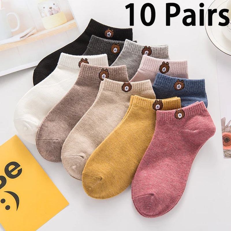 10 Pairs Women Low Tube Socks Set Cute Bear Pattern Fashion Breathable for Female Casual Style Comfortable Socks-Gennys fashion