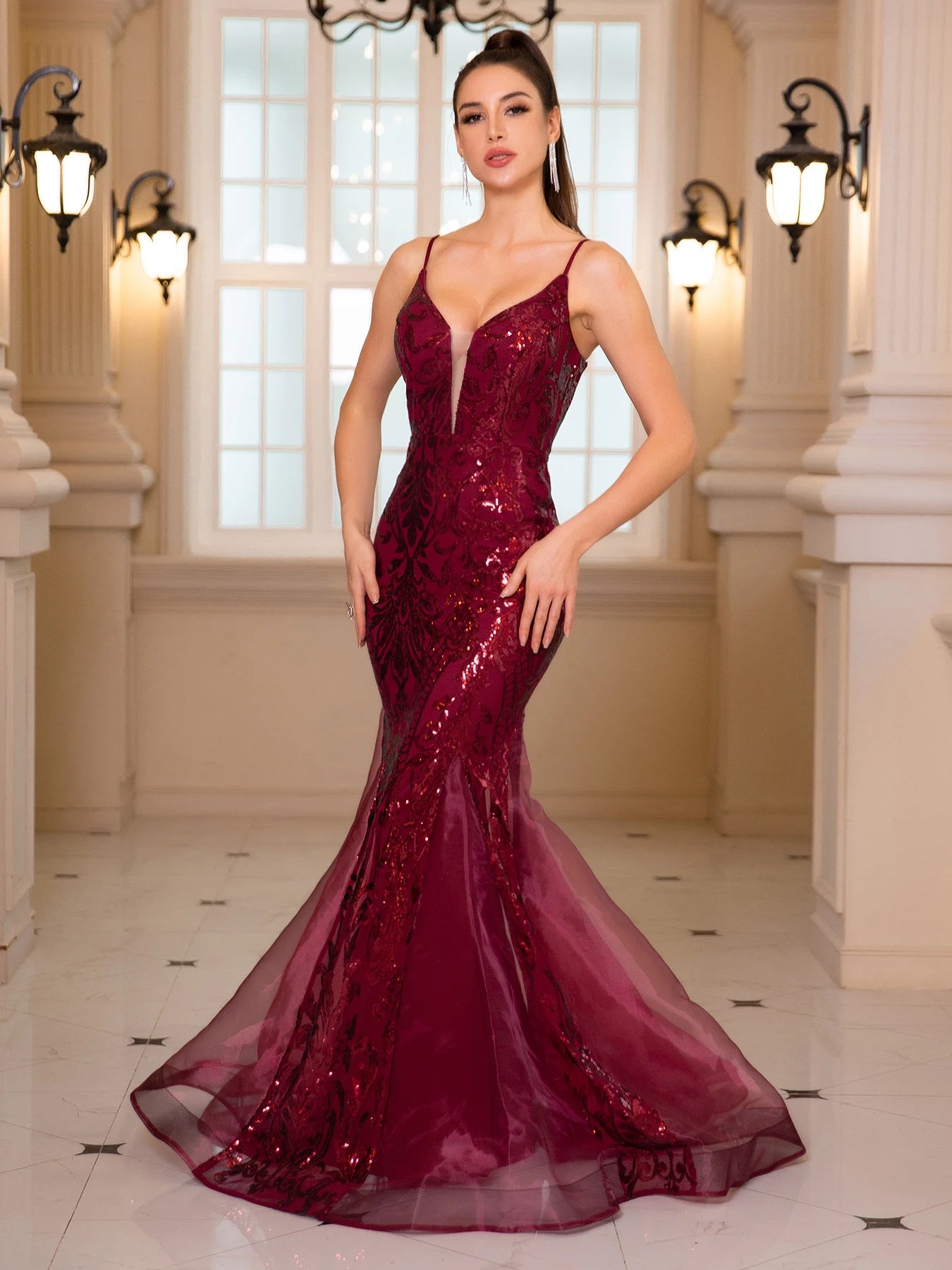 Deep V Neck Sleeveless Cocktail Dress Luxury Spaghetti Strap Sequin Evening Party Dresses Maxi Prom Gown-Gennys fashion