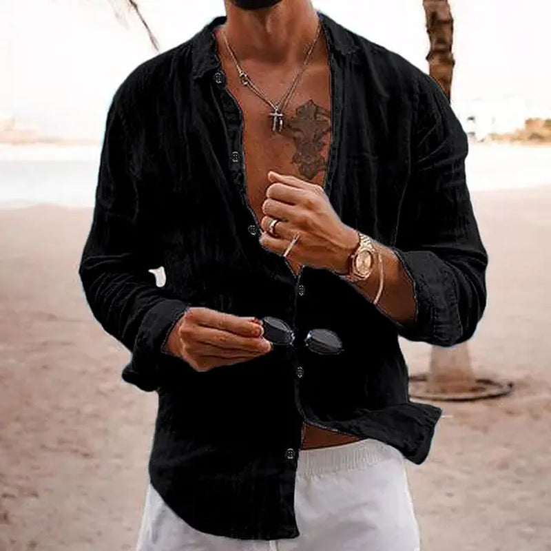 2024 Men'S Cotton Fashion Long Sleeve Shirt Lapel Solid Color Single Breasted Casual Breathable Loose Shirt-Gennys fashion