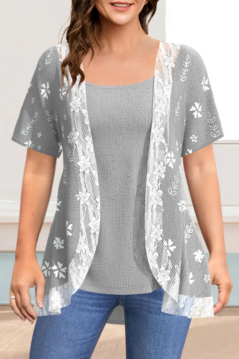 Plus Size Women'S Casual Shirts Floral Printed Chiffon Ruffle Short Sleeves Layered Asymmetric Hem Round-Neck Daily Commuter Top-Gennys fashion