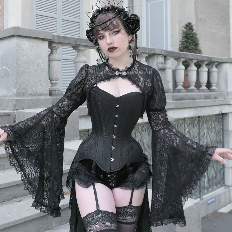 Women'S Gothic Tops New 2023 Women'S Flared Sleeve Loose Sexy Lace Hollow Buttoned Silk Blouse Female-Gennys fashion