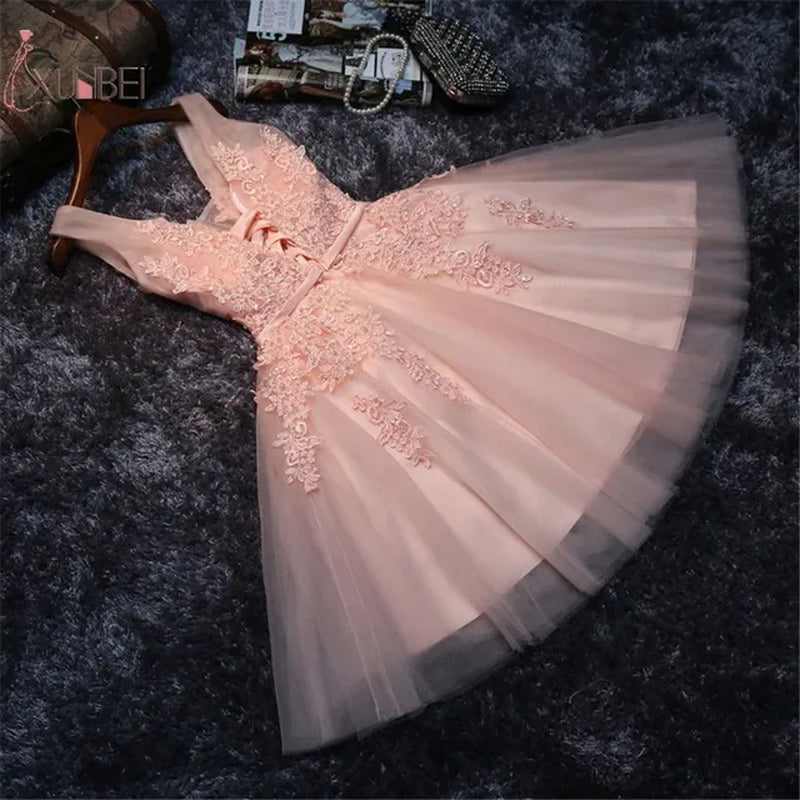 Silver Tulle Short Prom Dress Sexy Women V Neck Sleeveless Lace Applique a Line Backless Evening Party Dresses Cocktail Gown-Gennys fashion