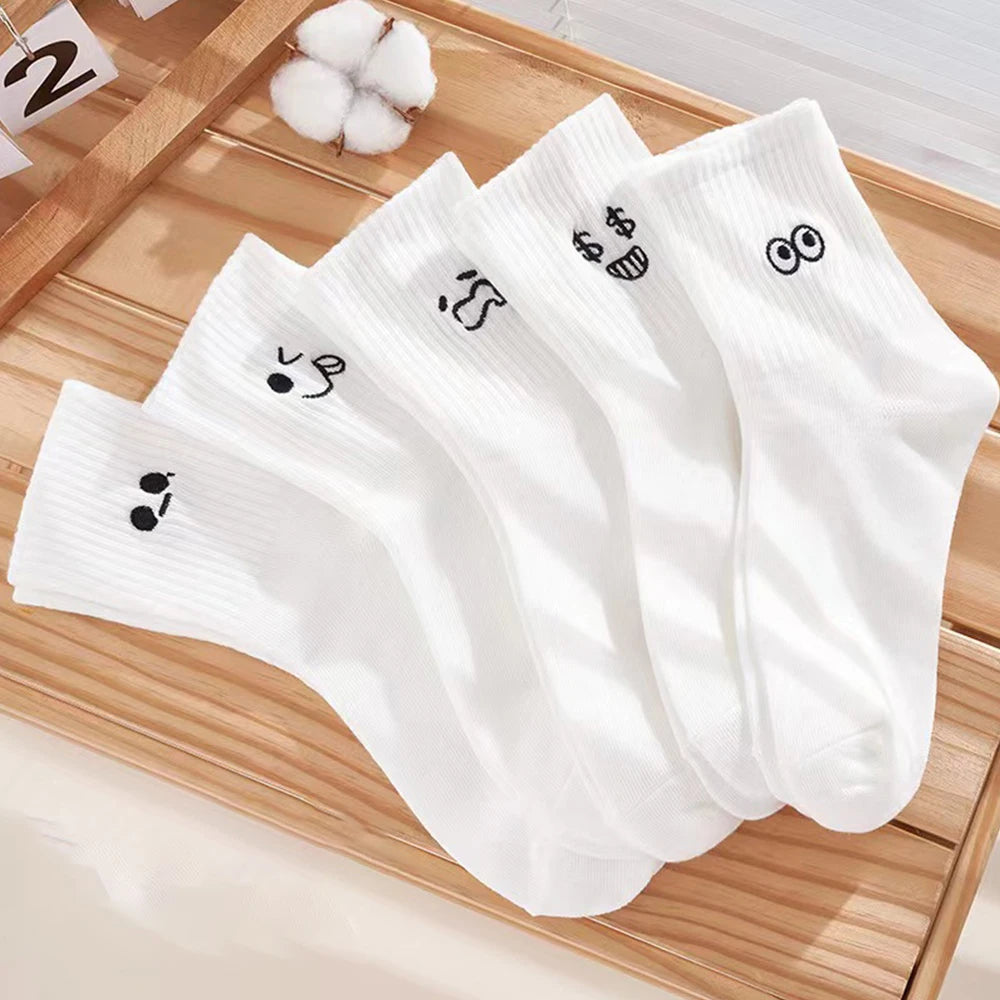 5 Pairs Women'S Cartoon Socks round Neck Mid Tube Fashionable Cute Expression Pattern Socks Casual Breathable Autumn Girls Socks-Gennys fashion