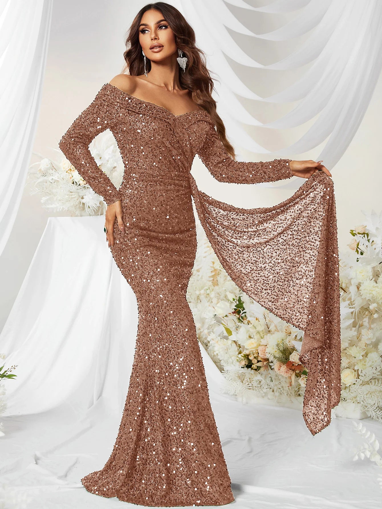 Giffniseti Women'S off Shoulder Draped Side Sequin Graduation Prom Dress Party Dress 2024-Gennys fashion