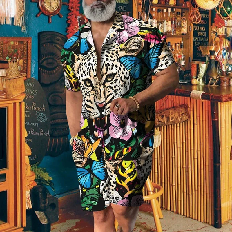 Animal Leopard Print Party Suit 3D Print Casual Shirt Beach Shorts Oversized 2Pcs Set Vacation Hawaiian Streetwear Man Suits-Gennys fashion