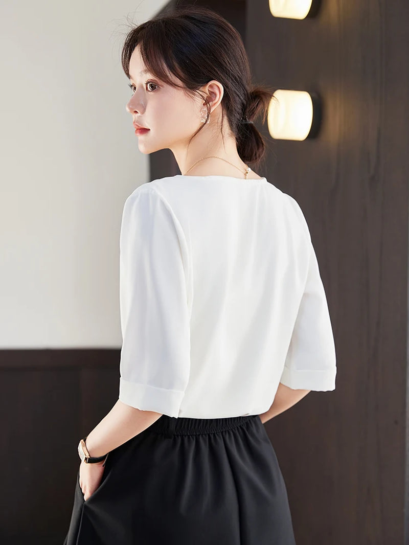 Aiyssa-Mid-Length Sleeve Shirts for Women, Office Tops, Boutique Elegant Shirts, Spring and Summer, New Styles, 2024-Gennys fashion