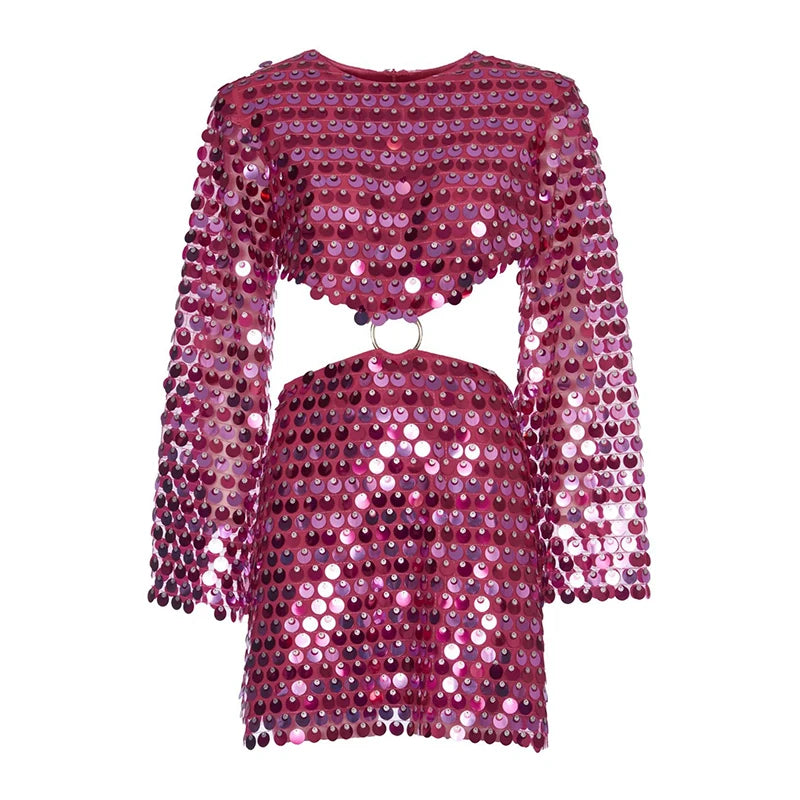 Sequins Hollow Out Mini Dress Woman Fashion Long Flare Sleeve Slim Glitter Dresses High Street Evening Party Club Mini Vestido-Gennys fashion