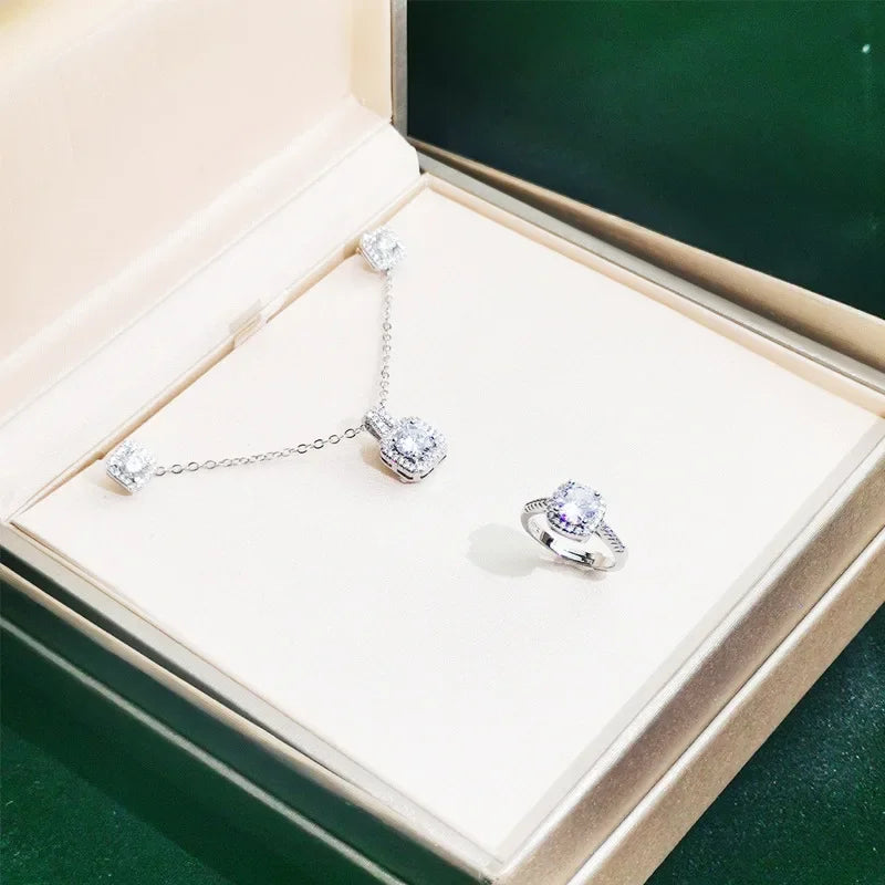 3Pcs/Set Artificial Moissanite Crystal Square Necklace Earrings Ring Luxury Wedding Engagement Reception Jewelry Set for Lover-Gennys fashion