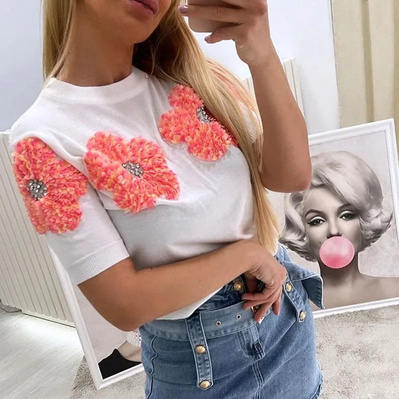 Spring Chic Appliques Flower Knitted Sweater Women Elegant round Neck Office T-Shirt Pullover Fall Sexy Short Sleeve Tops Jumper-Gennys fashion