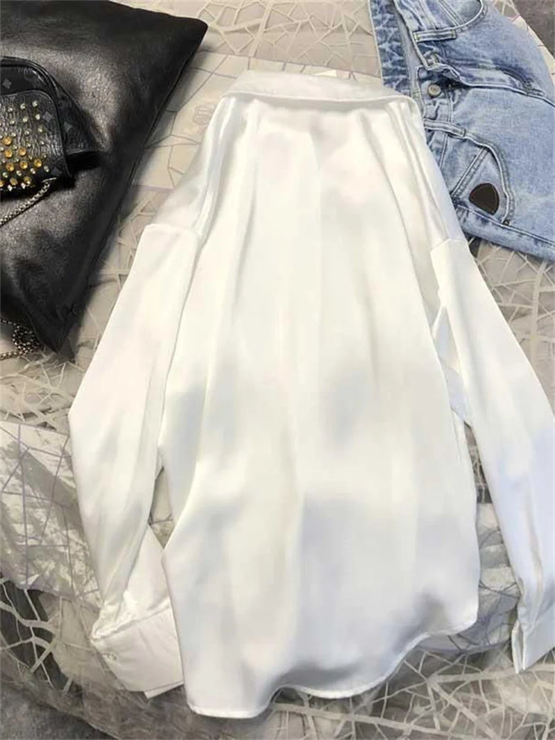 SATIN Long Sleeve Blouse Button up Shirt Women Female Elegant Ladies Tops High Quality Office Lady Silk-Gennys fashion