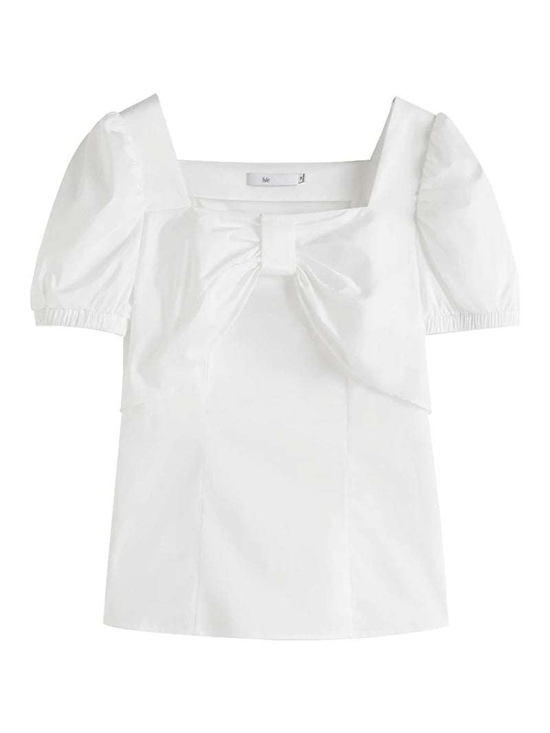 FSLE Office Lady Puff Sleeve Tops Women Bowknot Square Collar White Shirt Women Summer Short Sleeve Women Blouses-Gennys fashion