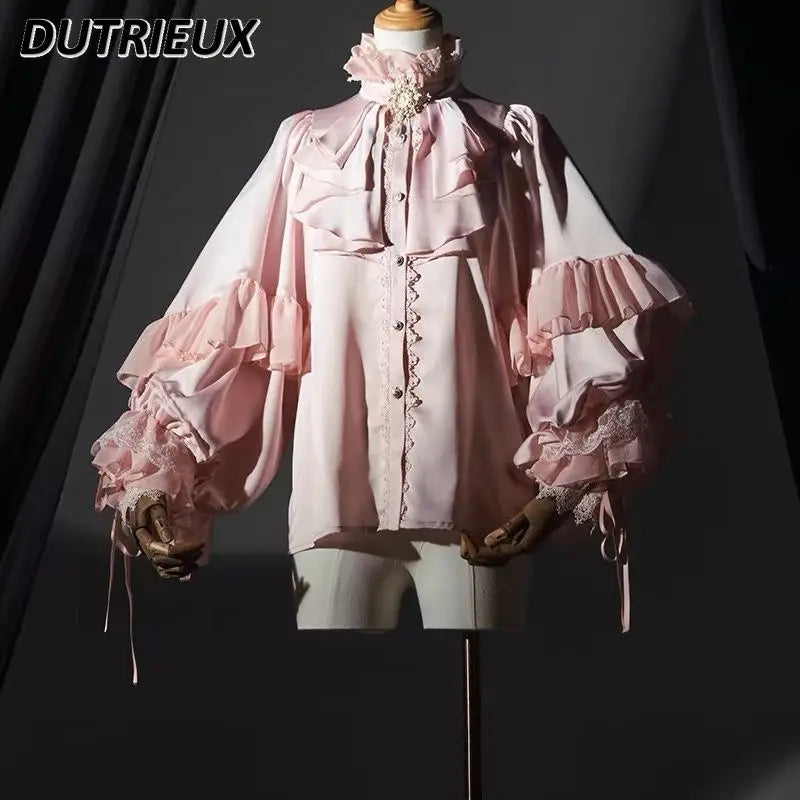 2024 Summer New Dark Black Shirt Blouse Women Harajuku Lolita Cosplay Batwing Sleeve Loose Shirts Ruffled Long Sleeve Top Ladies-Gennys fashion