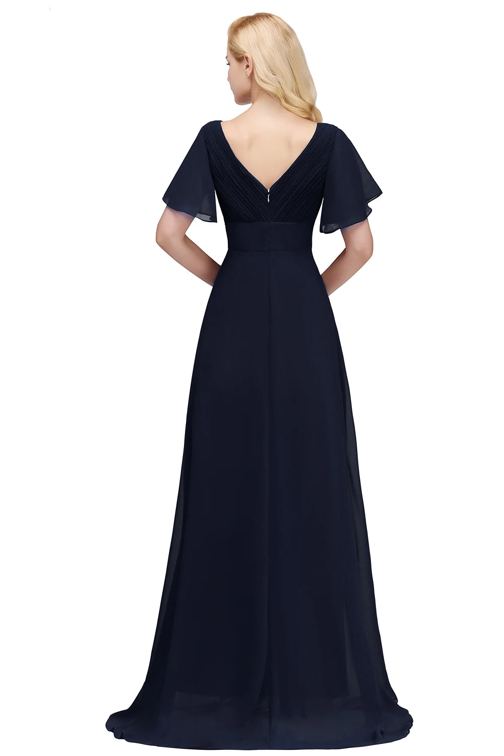 Navy Blue Evening Dresses Elegant V Neck Ruffles Chiffon Ruched Formal Party Prom Gowns Vestidos De Fiesta Wedding Bridesmaid-Gennys fashion