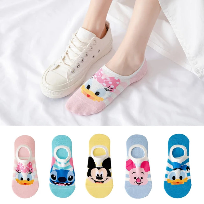 5 Pairs Disney Summer Casual Cute Women Socks Animal Cartoon Mouse Duck Socks Soft Cotton Invisible Funny Socks Size 34-40-Gennys fashion
