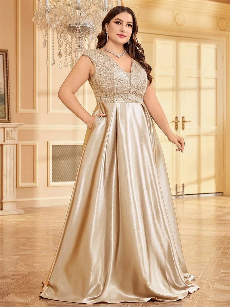 Lucyinlove plus Size Luxury Gold Satin V-Neck Evening Dress Women Satin Wedding Party Prom Floor Lenght Cocktail Dress Gowns-Gennys fashion
