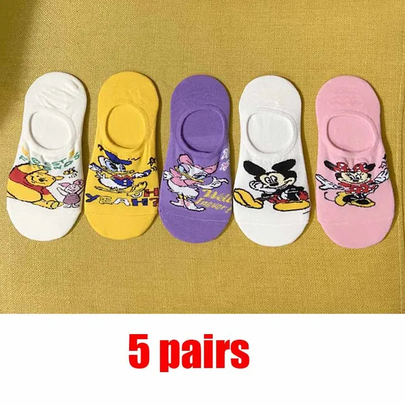 5 Pairs Disney Summer Casual Cute Women Socks Animal Cartoon Mouse Duck Socks Soft Cotton Invisible Funny Socks Size 34-40-Gennys fashion