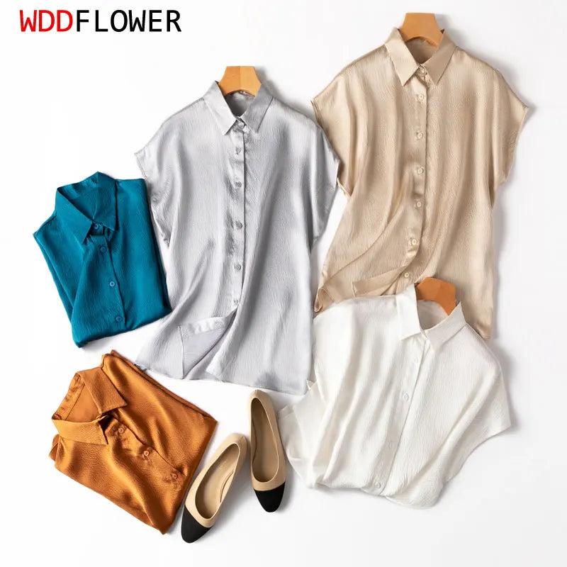 Women 100% Mulberry Silk 20 Momme Heavy Silk Peacock Blue Collared Short Sleeve Buttons down Shirt Top Blouse Office Work MM567-Gennys fashion