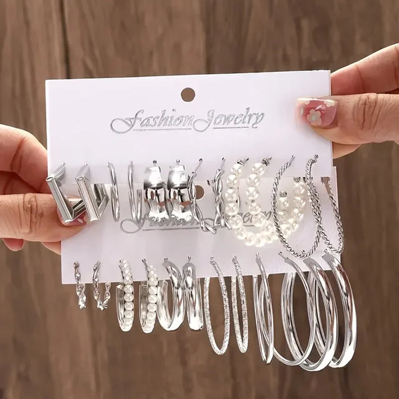 Boho Big Circle Hoop Earring Set for Women, Gold Color Bohemia Vintage Pearl Earring Heart Zircon Ear Studs Jewelry Gifts-Gennys fashion