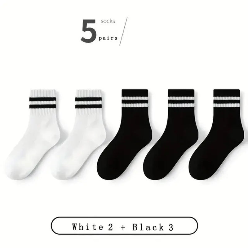 5 Pairs Women'S Mid Length Socks Solid Color Parallel Stripe Simple Fashionable Sports Sweat-Absorbing High-Quality Girls' Socks-Gennys fashion