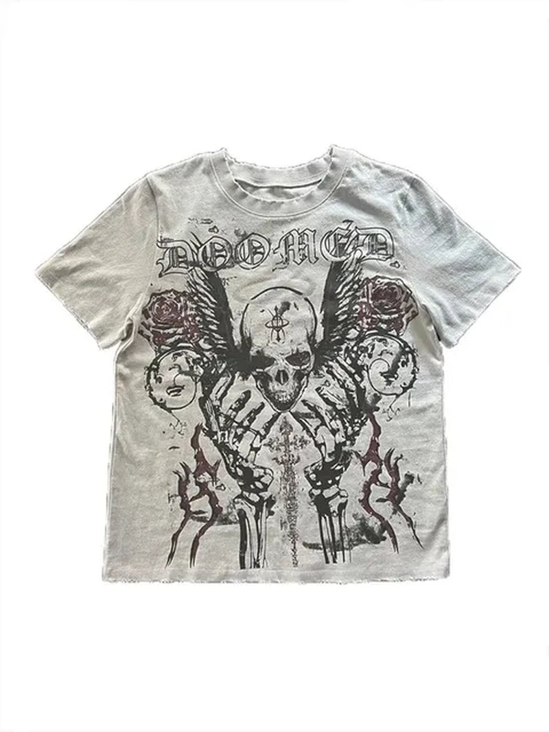 Retro Skull Large Pattern Short-Sleeved T-Shirt High Street Dark Punk Y2K 90S Harajuku round Neck Oversize Loose Tops Clothes-Gennys fashion