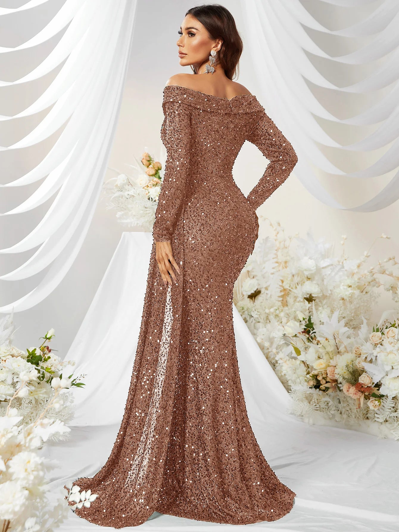 Giffniseti Women'S off Shoulder Draped Side Sequin Graduation Prom Dress Party Dress 2024-Gennys fashion