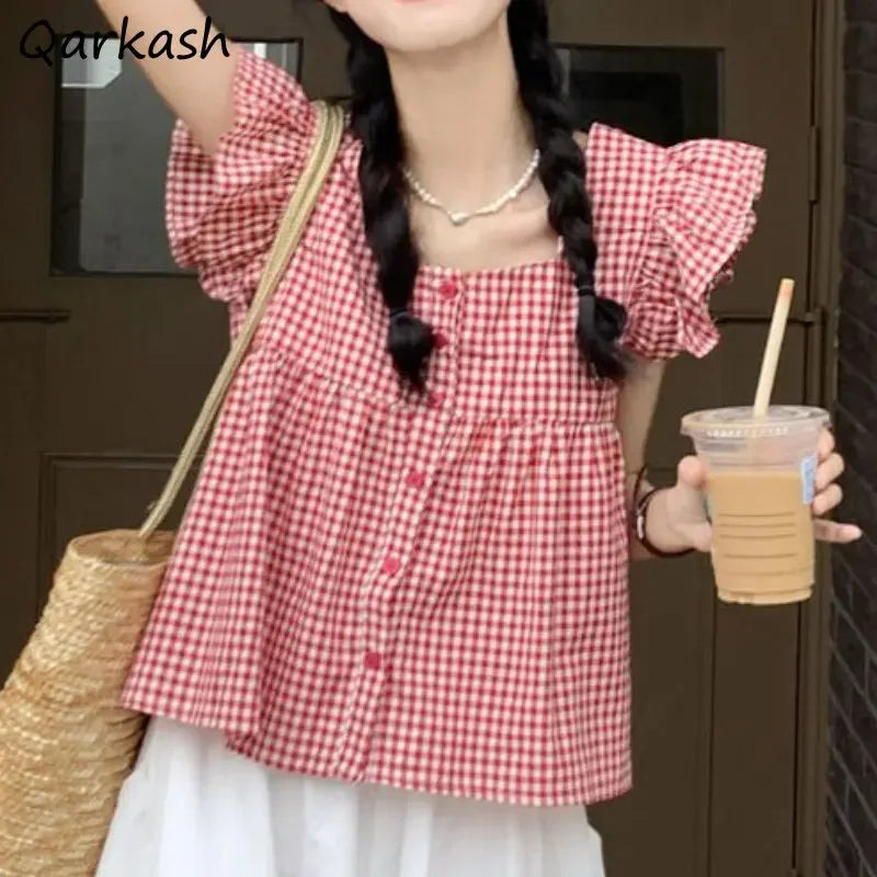Plaid Shirts Women Cute Ruffles Flying Sleeve Korean Fashion Girlish Summer Tops Vintage Aesthetic Sexy Backless College Holiday-Gennys fashion