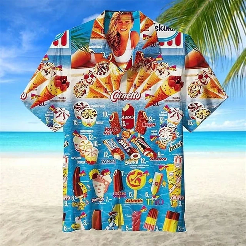 Small Size Girls 2024 Summer Ice Cream Graphic Shirts for Men Cold Popsicle Women Lapel Blouse Frozen Ice Lolly Beach Shirt Tops-Gennys fashion
