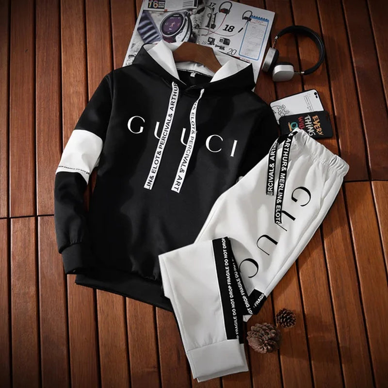 Mens Tracksuit High Quality Fashion Hooded Sweatshirt Sweatpants Casual Trend Print Pullover Classic Black White Jogging Clothes-Gennys fashion