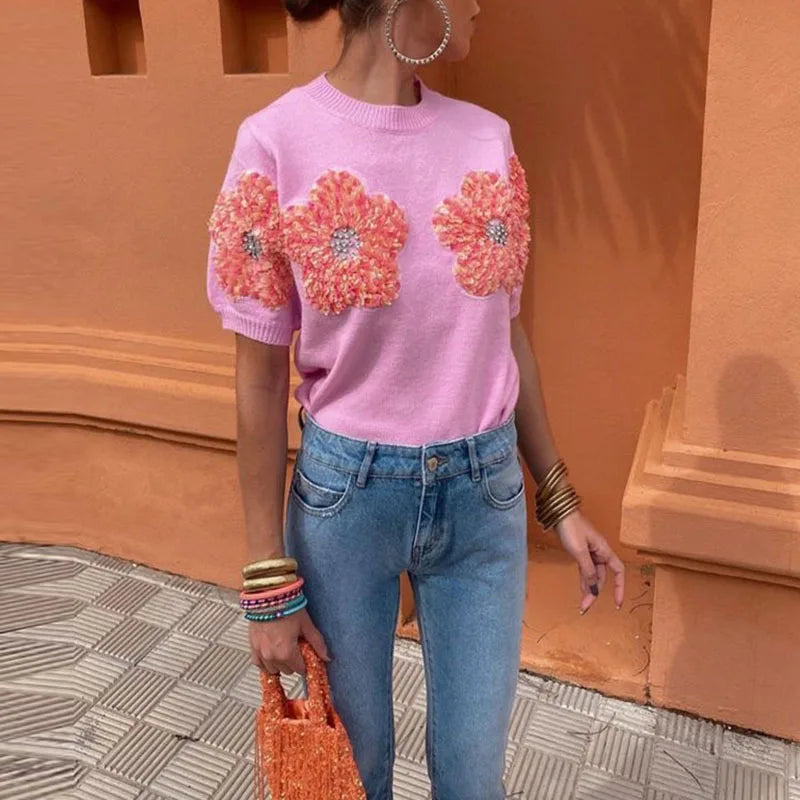 Spring Chic Appliques Flower Knitted Sweater Women Elegant round Neck Office T-Shirt Pullover Fall Sexy Short Sleeve Tops Jumper-Gennys fashion