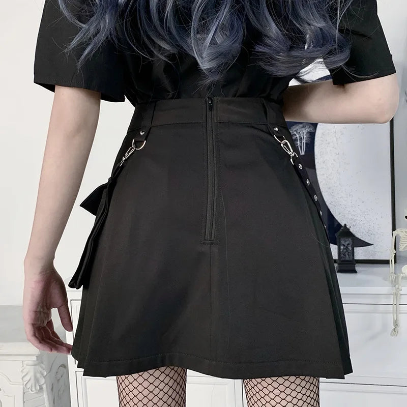 Black Skirt Harajuku Punk Gothic Black High Waist Black Women Sexy Patchwork Bandage Mini Skirt Female Streetwear-Gennys fashion