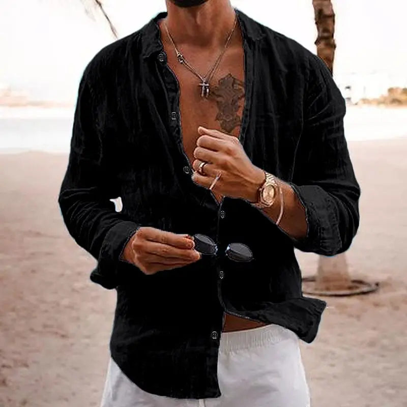 2024 Men'S Cotton Fashion Long Sleeve Shirt Lapel Solid Color Single Breasted Casual Breathable Loose Shirt-Gennys fashion