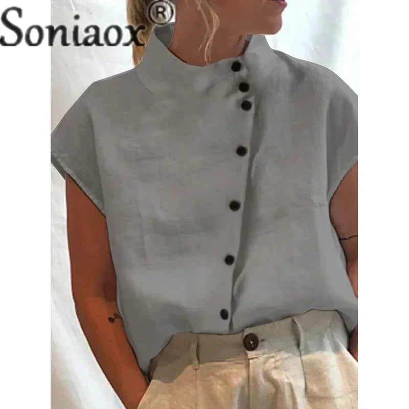 Elegant Cotton Linen Stand Neck Shirt Female 2023 Summer Simple Style Single-Breasted Cardigan Tops Women'S Casual Loose Blouse-Gennys fashion