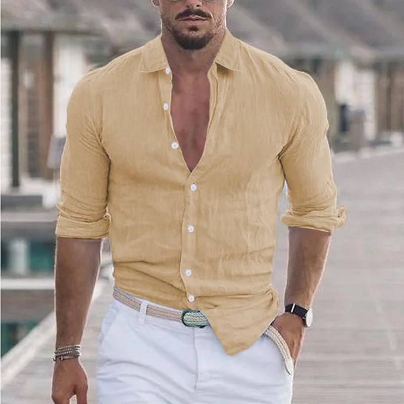 Men'S Summer Cotton and Linen Loose Lapel Beach Shirt Casual Lazy Long Sleeve Solid Color Hawaiian Campfire Holiday Wear-Gennys fashion