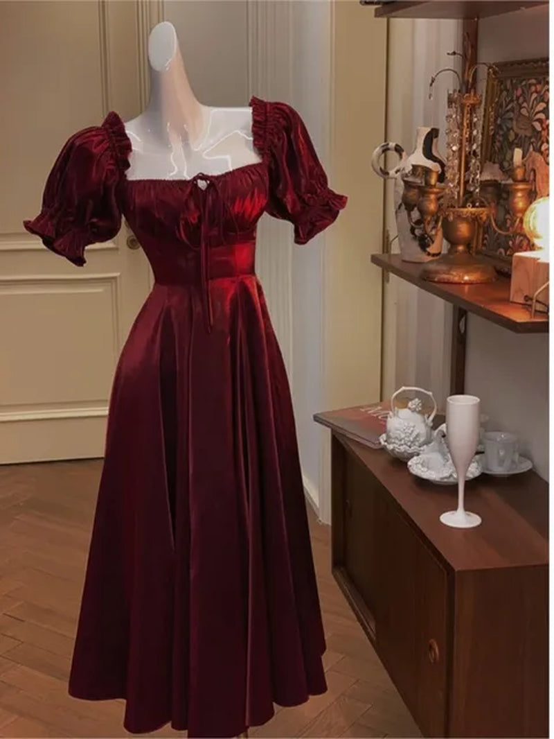 French Vintage Burgundy Evening Party Dress Women 2023 Summer Elegant Romantic Prom Vestidos Korean A-Line Graduation Dresses-Gennys fashion