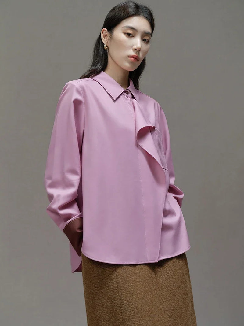 50.2% Wool Pink Temperament Straight Women Winter Blouses Ruffle Edge Design Front Shoulder Shirts Contrasting Cuff Tops-Gennys fashion