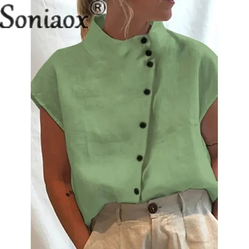 Elegant Cotton Linen Stand Neck Shirt Female 2023 Summer Simple Style Single-Breasted Cardigan Tops Women'S Casual Loose Blouse-Gennys fashion