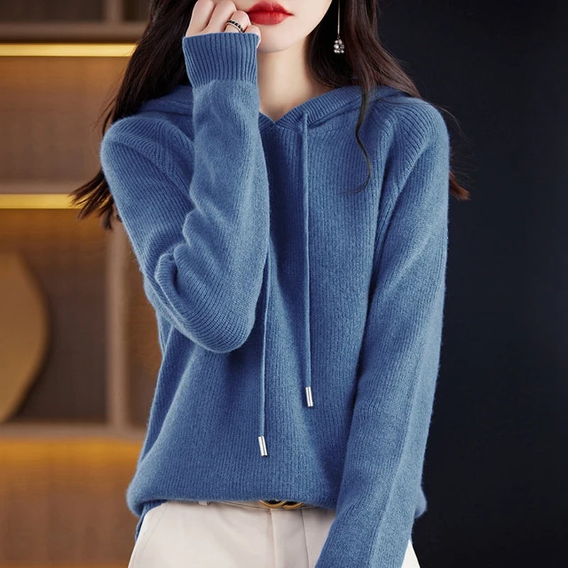 2023 New Cashmere Hooded Sweater Women Long Sleeve Autumn and Winter Knit Hooded Pullover Solid Color Cashmere Base-Gennys fashion