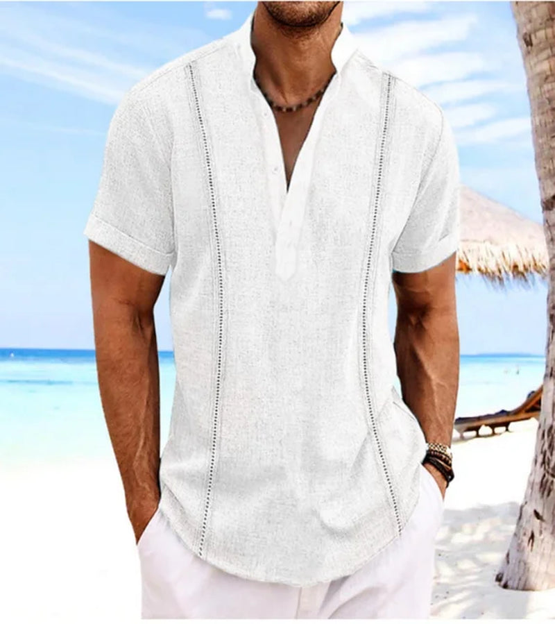 2024 Explosive European and American Men'S Short Sleeve Henry Collar Solid Color Cuban Guayabella Cotton Shirt Top-Gennys fashion