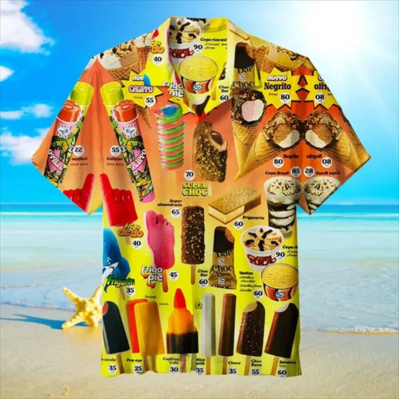 Small Size Girls 2024 Summer Ice Cream Graphic Shirts for Men Cold Popsicle Women Lapel Blouse Frozen Ice Lolly Beach Shirt Tops-Gennys fashion