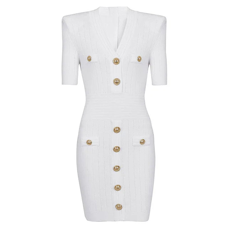 Elegant V Neck Knitting Sweater Dresses for Women Summer 2024 Short Sleeve Slim Fit Sheath Mini Party Dress Elegant Vestido-Gennys fashion
