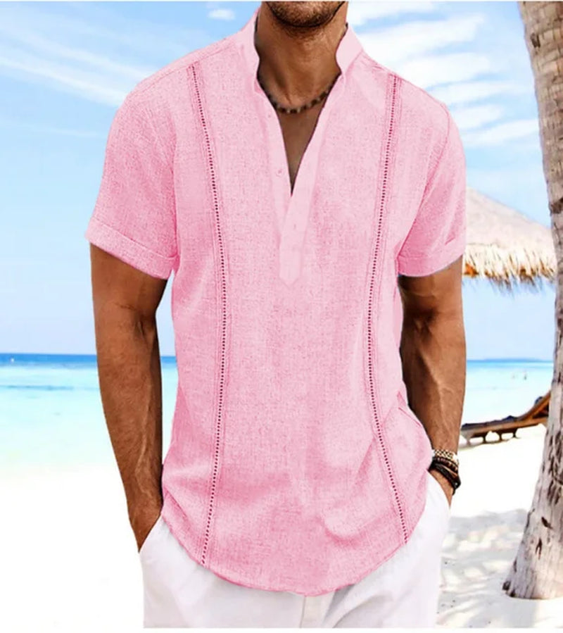 2024 Explosive European and American Men'S Short Sleeve Henry Collar Solid Color Cuban Guayabella Cotton Shirt Top-Gennys fashion