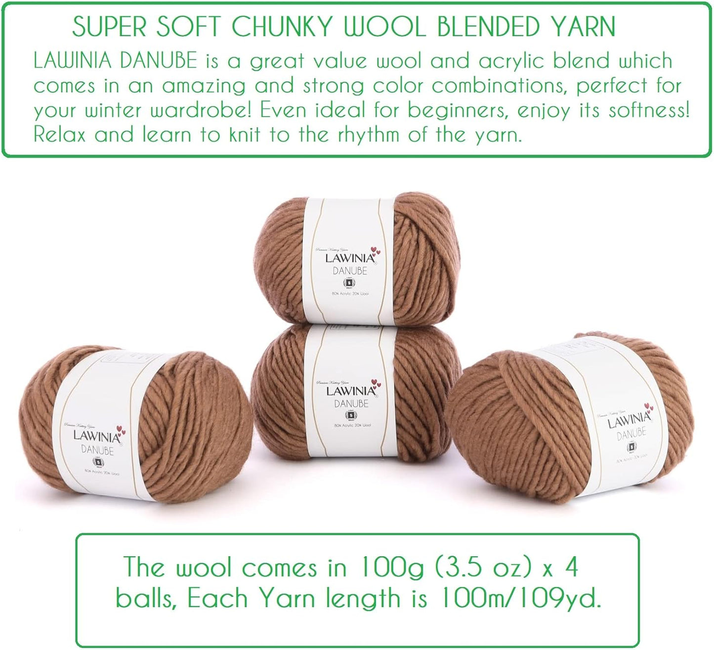 - Danube Super Chunky Wool Yarn,%20 Wool, 80% Acrylic Pack of 4 Each 100G - 100M Ideal for Beginners, Soft Chunky Yarn for Knitting and Crocheting Crafts, Sweater, Blanket, Tassel, Scarf, Hat-Gennys fashion